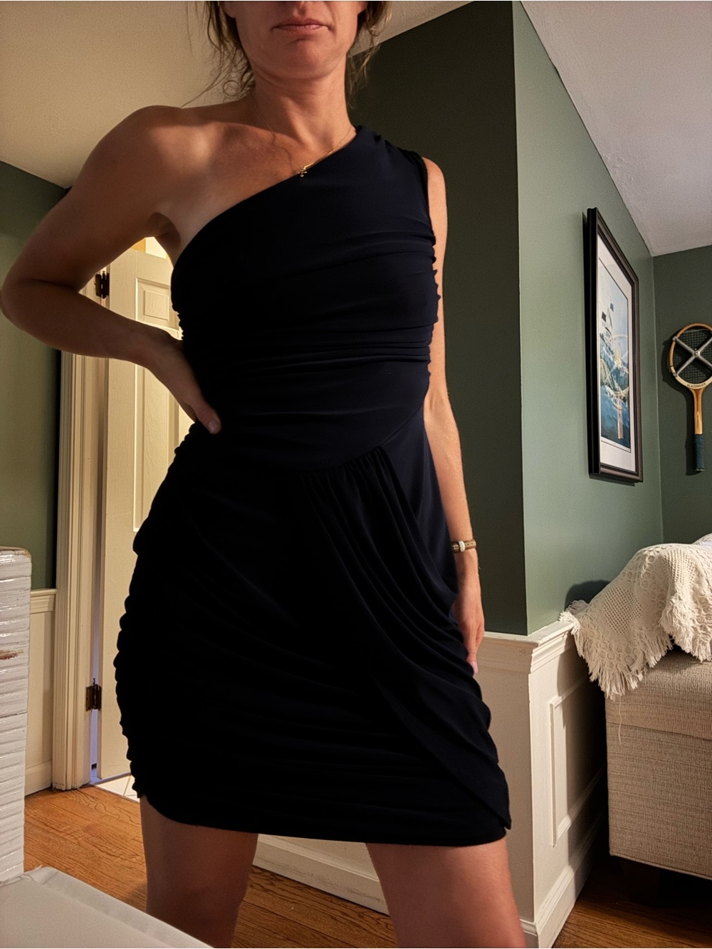 ABS Allen Schwartz Navy One-Shoulder Draped Mini Dress